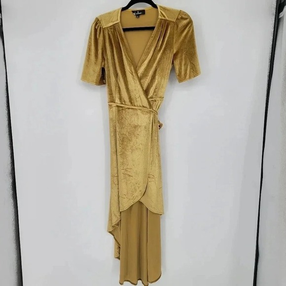 LULUS Amour Golden Yellow Velvet High Low Wrap Dress small - Picture 2 of 5